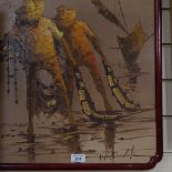 Alfredo Bonaventura (1942 - 1982), oil on canvas laid on board, Fishermen with nets, 24" x 18",