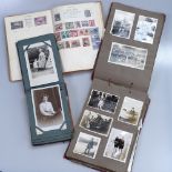 A photograph album, a postage stamp album, and another of Vintage postcards including portraits