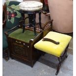 A Regency mahogany X-framed stool, a Victorian revolving piano stool, and 2 Edwardian piano