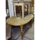 A pine oval extending dining table, a rectangular pine kitchen table, a hanging coat rack etc