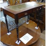 An Edwardian mahogany writing table, with green leather skiver, 2 frieze drawers, on turned legs,