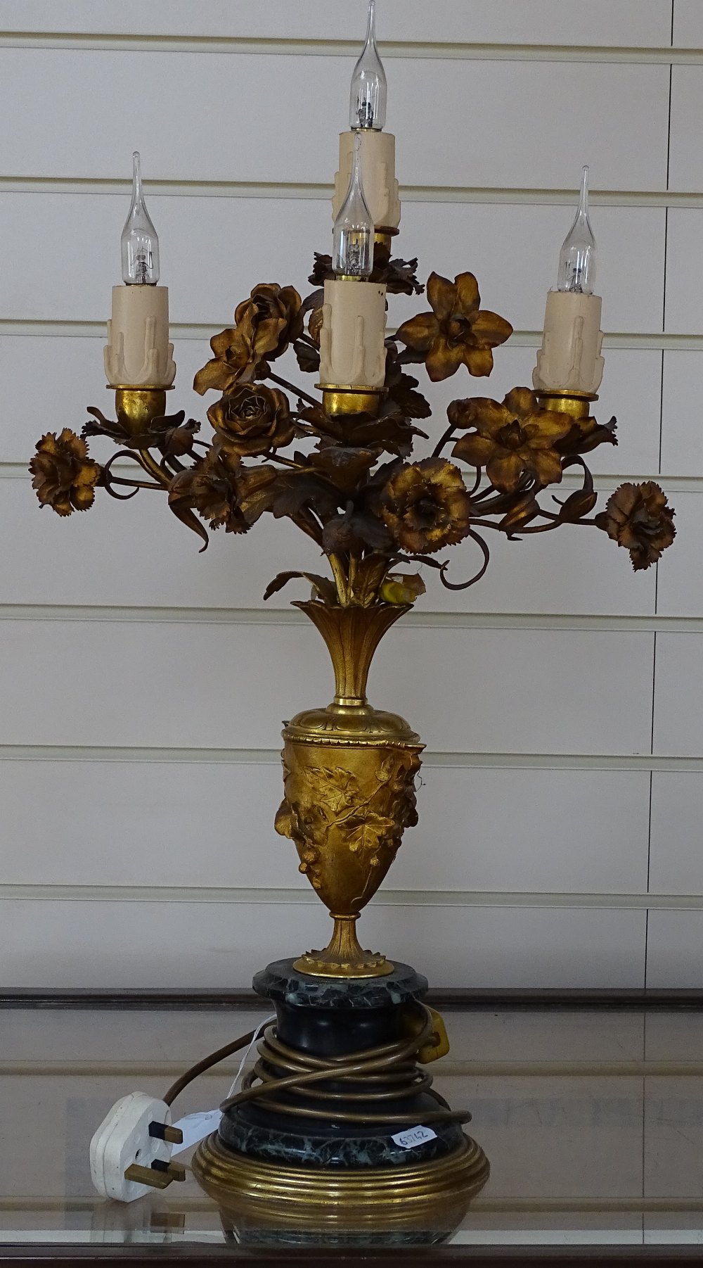 A gilt-metal 4-branch candelabrum, with floral decoration, and marble and gilt-metal plinth, - Image 2 of 2