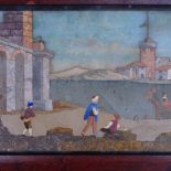 Antique framed Pietr Dura panel, depicting buildings and figures by harbour, length 12" overall