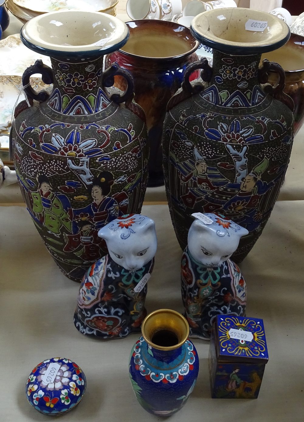 A cloisonne vase, a pair of cats, and a pair of Japanese vases, 13"