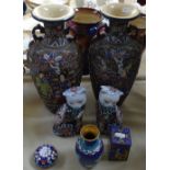 A cloisonne vase, a pair of cats, and a pair of Japanese vases, 13"