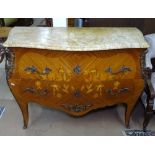 A Continental marble-top walnut and kingwood bombe commode, with floral inlaid marquetry decoration,