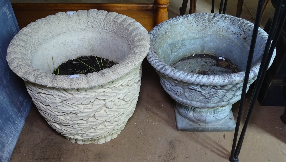 A 2-section Sanford stoneware planter, and a gardens of stone acanthus leaf embossed planter (2)