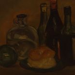 Oil on canvas, still life cheese and wine, various other prints and pictures