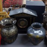 2 embossed metal pots, and a slate mantel clock, height 11"