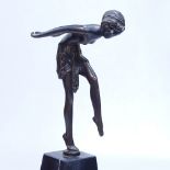 A Continental bronze dancing girl on marble plinth, 10.25"