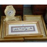 A pair of framed 3-dimensional pictures, Court scenes, height 13.5" overall, a small clock, and an