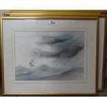 4 original watercolours, boats off the coast, signed with monogram