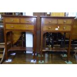 A pair of Edwardian mahogany and satinwood-banded side tables, with 3 short drawers, on tapered