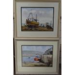 H Spalding, 6 watercolours, fishing boats and harbour scenes including Hastings, largest 14" x