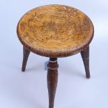 A pokerwork stool, height 11.75", a wall mounted bracket, 2-train oak mantel clock, letter rack,
