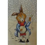 Watercolour, cartoon study of a rabbit playing the guitar, Dale Elliott, watercolour, water pump