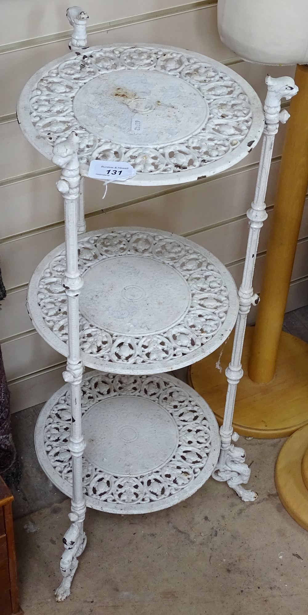 Antique cast-iron pierced 3-tier stand, height 29.75"