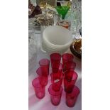 Amber overlay glass vase, 8", claret jug, cranberry beakers etc