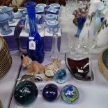 Blue overlay carafe, 12.25", a Langham paperweight, 2 Wedgwood paperweights, and ornaments etc