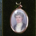 A cased 19th century miniature watercolour portrait of a lady, height 1.75"