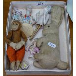 Porcelain pin cushion dolls, old soft toy rabbit, 9", and a monkey