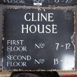 2 enamel signs for Hartley House and Cline House, each 14" across