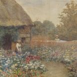 M Molyneux, watercolour, figures in a garden