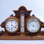 A clock, an aneroid barometer and thermometer set, mounted in carved oak surrounds, height 13.25"