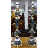A pair of faux marble and brass table lamps, height to top of bayonet 65cm
