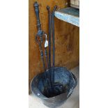 A copper coal bucket, an iron, and 2 long-handled wrought-iron tongs
