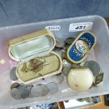 Cast gilt-metal pillbox, and another, various coins etc