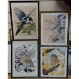 V Geeson, 4 silk work embroideries, bird studies, a pair of framed map prints, and a watercolour,