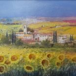 Paolo, oil on panel, Mediterranean village view with sunflowers, gilt-framed
