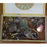 A box containing a silver bangle, a wristwatch, a compact, silver and stone-set costume jewellery
