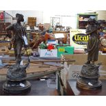 A pair of Continental patinated spelter figures on modern plinth, 14.5"