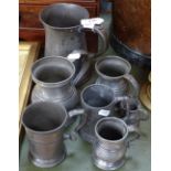 7 various Antique pewter tankards