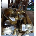 A box of brassware, clocks, and ornaments