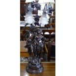An Art Nouveau style patinated 2-branch table lamp, supported by 2 cherubs, H79cm
