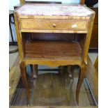 A French walnut marble-top bedside table, with single drawer, W44cm