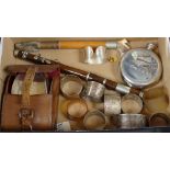 Leather-cased silver-backed brushes, instrument, napkin rings etc
