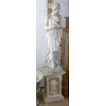 A weathered concrete garden figure of a Grecian lady on plinth base, H177cm