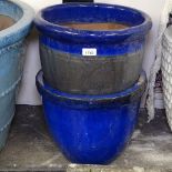 2 blue glazed garden plant pots
