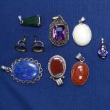 9 various malachite amethyst agate and marine ivory mounted pendants