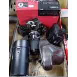 Olympus 35MM camera, cased, a Tamron 70-150MM zoom lens etc