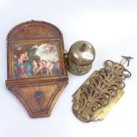 A brass counter bell, a Georgian letter rack, height 6.5", and a gilded wooden wall plaque