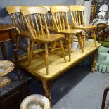 A rectangular pine plank-top kitchen table, with baluster legs, together with a set of 6 matching