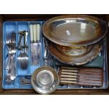 A box containing plated cutlery, salvers etc