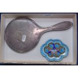 A silver hand mirror, Chester 1926, and a Chinese silver and blue enamel dish