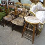 4 various Antique elm-seated kitchen chairs, and a similar stool