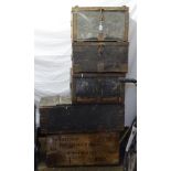 5 various Vintage steel-bound pine trunks/boxes